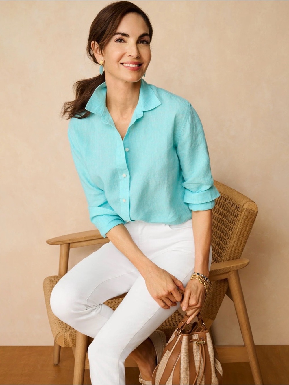 Talbots Turquoise Linen Everyday Relaxed Long Sleeve Shirt size medium